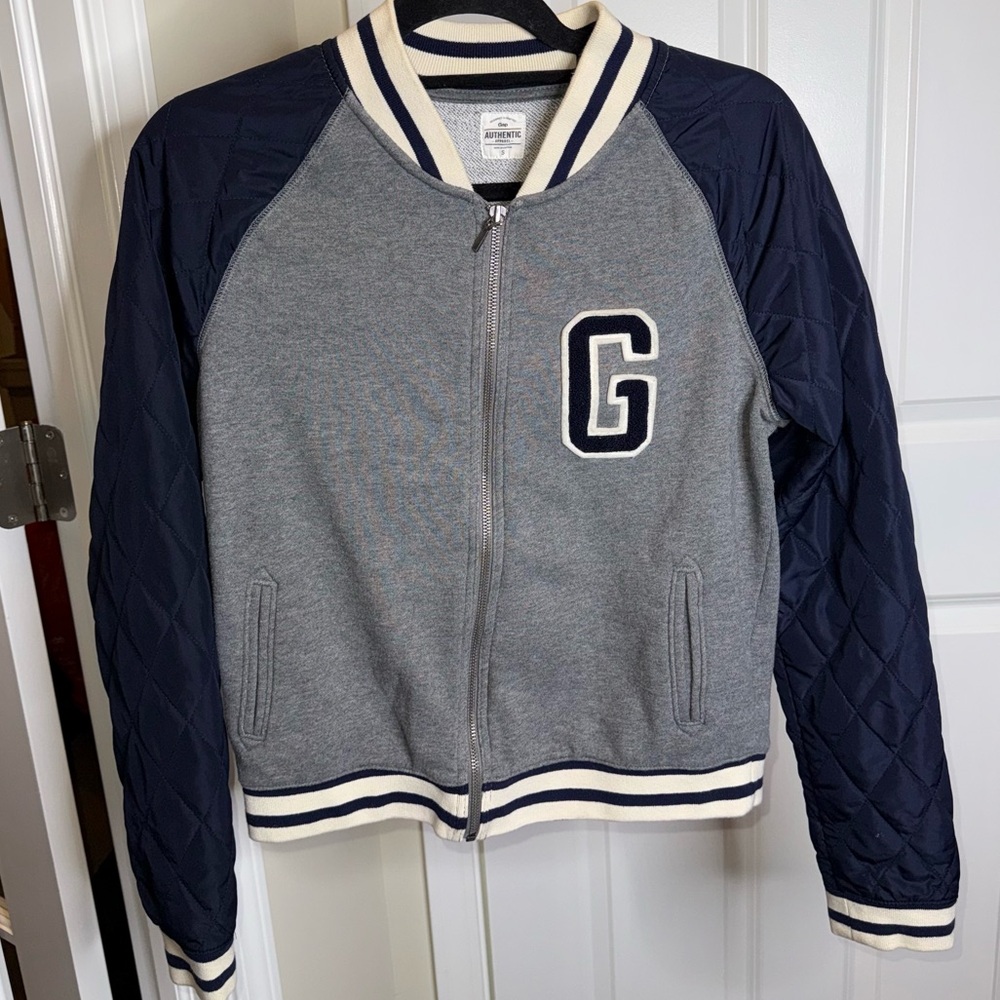 GAP Gray and Navy Varsity Jacket with G Patch - Picture 2 of 4